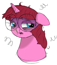 Size: 2129x2434 | Tagged: safe, artist:ponykittenboi, derpibooru exclusive, oc, oc only, oc:rose petal, pony, unicorn, bags under eyes, colored sketch, female, filly, foal, glasses, gross, high res, round glasses, sick, simple, simple background, sketch, snot, snot bubble, solo, white background