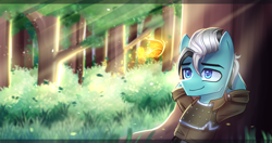 Size: 2800x1483 | Tagged: safe, artist:opal_radiance, oc, oc only, oc:tireless tracker, butterfly, earth pony, pony, commission, earth pony oc, forest, male, relaxing, smiling, solo, tree