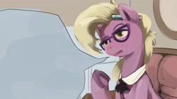 Size: 3840x2160 | Tagged: safe, artist:applephil, grace manewitz, earth pony, pony, female, glasses, high res, lidded eyes, mare, pencil behind ear, solo, speech bubble, underhoof