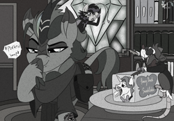 Size: 3200x2223 | Tagged: safe, artist:brainiac, fancypants, oc, oc:moe, oc:shotglass, oc:silent spring, breezie, kirin, fallout equestria, black and white, boop, cake, fallout equestria:all things unequal (pathfinder), female, food, grayscale, mare, mole rat, monochrome, self-boop, spilled drink, text