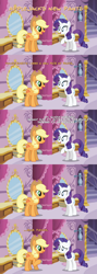 Size: 1920x5400 | Tagged: safe, artist:wissle, applejack, rarity, earth pony, pony, unicorn, g4, bucket, caption, carousel boutique, comic, curtains, duo, duo female, eye contact, eyeshadow, fashion, female, frown, full comic, high res, looking at each other, looking at someone, makeup, mare, mirror, open mouth, open smile, raised hoof, show accurate, smiling, smiling at each other, sound at source, stairs, text, vector, youtube link, youtube link in the description