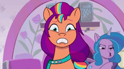 Size: 720x404 | Tagged: safe, screencap, izzy moonbow, sunny starscout, earth pony, pony, unicorn, g5, my bananas, my little pony: tell your tale, spoiler:g5, spoiler:my little pony: tell your tale, spoiler:tyts01e21, animated, bag, beatboxing, duo, duo female, eye twitch, female, fluttershy's cutie mark, mane stripe sunny, mare, rainbow dash's cutie mark, saddle bag, sunny starscout is not amused, twilight sparkle's cutie mark, unamused