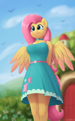 Size: 2500x4000 | Tagged: safe, artist:irisarco, part of a set, fluttershy, bird, pegasus, anthro, arm behind back, bare shoulders, blurry background, breasts, busty fluttershy, choker, clothes, cloud, colored wings, day, dress, ear fluff, ear piercing, female, flower, fluttershy's cottage, outdoors, partially open wings, piercing, sky, smiling, standing, tail, upskirt, watermark, wings