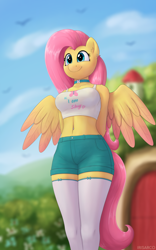 Size: 2500x4000 | Tagged: safe, alternate version, artist:irisarco, part of a set, fluttershy, bird, pegasus, anthro, g4, arm behind back, belly button, belly piercing, blurry background, breasts, busty fluttershy, choker, clothes, cloud, colored wings, cottagecore, cute, day, ear fluff, ear piercing, female, flower, fluttershy's cottage, midriff, multiple variants, outdoors, partially open wings, piercing, shorts, shyabetes, sky, smiling, socks, solo, standing, stockings, tail, tank top, thigh highs, watermark, wings