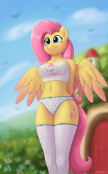 Size: 2500x4000 | Tagged: safe, alternate version, artist:irisarco, part of a set, fluttershy, bird, pegasus, anthro, g4, arm behind back, belly button, blurry background, breasts, busty fluttershy, clothes, cloud, colored wings, day, ear fluff, ear piercing, female, flower, fluttershy's cottage, legs together, midriff, multiple variants, outdoors, panties, partially open wings, piercing, polka dot underwear, sky, smiling, socks, solo, standing, stockings, tail, tank top, thigh highs, underwear, watermark, wings