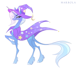 Size: 2975x2664 | Tagged: safe, artist:marbola, trixie, classical unicorn, pony, unicorn, g4, blue fur, cape, clothes, cloven hooves, gem, hat, high res, horn, jewelry, leonine tail, purple eyes, signature, simple background, solo, tail, thin, unshorn fetlocks, white background
