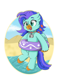 Size: 3024x4032 | Tagged: safe, artist:rokosmith26, oc, oc only, oc:sea lilly, classical hippogriff, hippogriff, beach, beak, bipedal, camera, commission, cute, female, floaty, happy, hippogriff oc, holding, inner tube, jewelry, mare, necklace, ocbetes, open mouth, sand, simple background, solo, spread wings, standing, unshorn fetlocks, water, wings, your character here