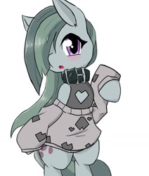 Size: 1195x1409 | Tagged: safe, artist:a.s.e, marble pie, earth pony, semi-anthro, g4, :o, arm hooves, bipedal, blushing, clothes, collar, cute, female, hair over one eye, heart, looking at you, marblebetes, mare, open mouth, simple background, solo, sweater, white background