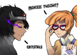 Size: 1414x1000 | Tagged: safe, artist:ponythehorsey, frazzle rock, king sombra, human, g4, princess spike, clothes, duo, female, glasses, humanized, queen umbra, rule 63, simple background, sombra eyes, white background
