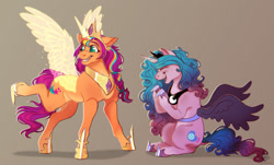 Size: 1280x775 | Tagged: safe, artist:notsosmartsmarty, izzy moonbow, princess celestia, princess luna, sunny starscout, alicorn, pony, unicorn, g5, spoiler:g5, artificial alicorn, artificial horn, artificial wings, augmented, clothes, cosplay, costume, crown, duo, fake wings, female, full body, giggling, grin, hoof shoes, horn, jewelry, magic, magic horn, magic wings, mare, multicolored hair, open mouth, open smile, peytral, race swap, rainbow hair, raised hoof, regalia, simple background, smiling, sunnycorn, wings