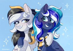 Size: 1906x1328 | Tagged: safe, artist:skysorbett, oc, oc only, oc:flaming dune, oc:storm cloud river's, pegasus, pony, best friends, blushing, bust, chest fluff, clothes, duo, duo female, female, folded wings, freckles, green eyes, heterochromia, hug, looking at each other, looking at someone, mare, multicolored mane, pegasus oc, scarf, sitting, smiling, smiling at each other, striped scarf, wings