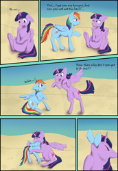 Size: 2200x3200 | Tagged: safe, artist:ladytechna, rainbow dash, twilight sparkle, alicorn, pegasus, pony, art pack:summer snarfing, g4, angry, beach, belly, big belly, butt, comic, dialogue, duo, eye clipping through hair, eyebrows, eyebrows visible through hair, eyes closed, female, fetish, floppy ears, folded wings, high res, lidded eyes, mare, open mouth, oral vore, partially open wings, plot, preydash, rearing, scared, shocked, sitting, spread wings, standing, sweat, sweatdrop, teasing, twilight sparkle (alicorn), twipred, vore, wings