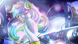 Size: 1750x984 | Tagged: safe, alternate version, artist:knifeh, oc, oc only, oc:megabyte brony, earth pony, pony, cord, disc jockey, eyes closed, headphones, lights, musician, open mouth, turntable, unshorn fetlocks