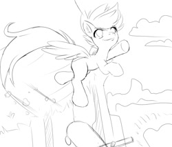 Size: 900x765 | Tagged: safe, artist:knifeh, scootaloo, pegasus, pony, g4, blank flank, female, filly, foal, jumping, monochrome, scooter, sketch, solo, spread wings, wings