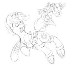 Size: 1500x1320 | Tagged: safe, artist:knifeh, oc, oc only, pony, unicorn, action pose, gun, jumping, knife, monochrome, open mouth, sketch, solo, weapon