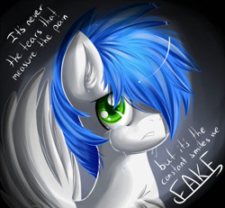 Size: 900x830 | Tagged: safe, artist:knifeh, oc, oc only, oc:nife, pegasus, pony, bust, crying, depressed, depression, frown, furrowed brow, portrait, quote, solo, wings