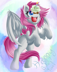 Size: 1120x1400 | Tagged: safe, artist:knifeh, oc, oc only, oc:yuu, pegasus, pony, balancing, birthday, cupcake, female, food, open mouth, open smile, pegasus oc, ponies balancing stuff on their nose, rearing, smiling, solo