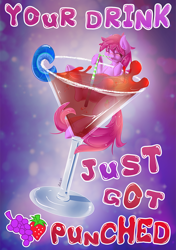 Size: 704x1000 | Tagged: safe, artist:knifeh, berry punch, berryshine, earth pony, pony, g4, alcohol, cup, cup of pony, drunk, female, glass, mare, margarita, micro, poster, solo, straw