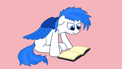 Size: 2560x1440 | Tagged: safe, artist:mrbrain, oc, oc only, oc:ryan, pegasus, pony, blue eyes, blue mane, blue tail, male, pegasus oc, reading, simple background, solo, tail, white pony, wings