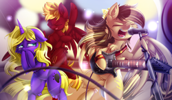 Size: 1800x1049 | Tagged: safe, artist:knifeh, oc, oc only, oc:prince whateverer, pegasus, pony, unicorn, bipedal, dancing, electric guitar, embarrassed, eyes closed, female, guitar, male, mare, microphone, musical instrument, singing, stallion, trio, wallpaper