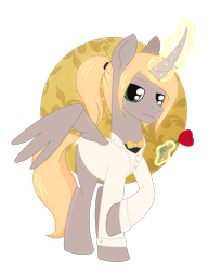 Size: 1442x1764 | Tagged: safe, artist:dyonys, oc, oc:caelicus dawnus, alicorn, pony, alicorn oc, bowtie, clothes, curved horn, flower, glowing, glowing horn, glowing mane, glowing tail, horn, magic, male, ponytail, raised hoof, rose, simple background, solo, spread wings, stallion, suit, tail, telekinesis, transparent background, wings