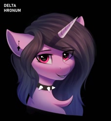 Size: 1116x1225 | Tagged: safe, artist:delta hronum, izzy moonbow, pony, unicorn, g5, beautiful, black background, bust, collar, female, goth, goth izzy, mare, portrait, simple background, solo, spiked collar