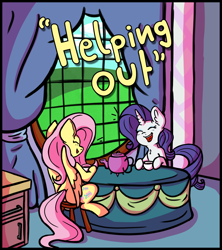 Size: 2400x2700 | Tagged: safe, artist:mc_arts, fluttershy, rarity, pegasus, pony, unicorn, comic:helping out, g4, comic, comic cover, cover, cup, duo, female, high res, sitting, stool, table, talking, tea kettle, teacup