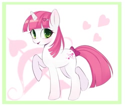 Size: 1179x1000 | Tagged: safe, artist:idiotfleshh, lovestruck, pony, unicorn, g4, bow, cutie mark, cutie mark background, female, hairpin, heart, horn, looking at you, mare, raised hoof, raised leg, simple background, solo, tail, tail bow, white background