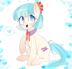 Size: 1053x1000 | Tagged: safe, artist:idiotfleshh, coco pommel, earth pony, pony, g4, cocobetes, cute, female, heart, looking at you, mare, open mouth, open smile, raised hoof, simple background, sitting, smiling, smiling at you, solo, speech bubble, white background