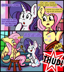 Size: 2400x2700 | Tagged: safe, artist:mc_arts, fluttershy, rarity, pegasus, pony, unicorn, comic:helping out, g4, blushing, comic, dialogue, duo, falling, female, high res, measuring tape, onomatopoeia, sitting, stool, table, talking