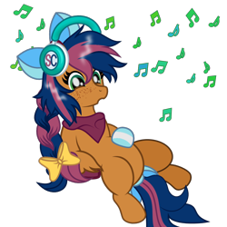 Size: 1000x1000 | Tagged: safe, alternate version, artist:favitwink, oc, oc only, oc:solar comet, pony, 60 fps, animated, animated png, belly, bow, disguised changedling, eyes closed, eyes open, freckles, full body, hair bow, happy, headbob, headphones, hoof on belly, loop, lying down, male, music notes, on back, perfect loop, simple background, smiling, solo, tail, tail bow, transparent background, your character here