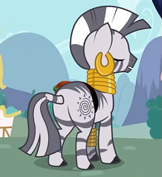 Size: 525x574 | Tagged: safe, screencap, zecora, zebra, g4, the cutie pox, butt, cropped, eyes closed, plot, solo, zecorass