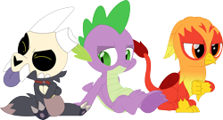 Size: 3576x1930 | Tagged: safe, artist:porygon2z, spike, oc, oc:heatwave, dragon, griffon, titan, g4, broken horn, chickub, collar, crossover, griffon oc, horn, king clawthorne, male, pet tag, porygon2z's trio, show accurate, simple background, skull, the owl house, thumbs down, tongue out, transparent background, trio, trio male