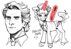 Size: 640x445 | Tagged: safe, artist:doctor-pepo, human, pony, unicorn, american psycho, blood, clothes, glowing, glowing horn, horn, knife, lineart, magic, monochrome, patrick bateman, ponified, simple background, solo, suit, telekinesis, unshorn fetlocks, white background