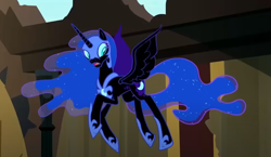 Size: 930x541 | Tagged: safe, screencap, nightmare moon, alicorn, pony, do princesses dream of magic sheep, g4, season 5, castle of the royal pony sisters, concave belly, corrupted, cropped, ethereal hair, ethereal mane, ethereal tail, flying, helmet, hoof shoes, horn, jewelry, open mouth, peytral, regalia, slender, slit pupils, solo, spread wings, surprised, tail, thin, wings