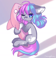 Size: 1737x1815 | Tagged: safe, artist:monstrum, oc, oc:nancy, earth pony, pony, shark, cute, looking at you, lying, plushie, shark plushie, solo