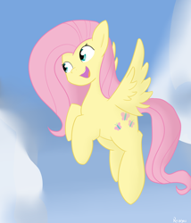 Size: 3000x3500 | Tagged: safe, artist:reinbou, fluttershy, pegasus, pony, g4, cloud, female, flying, happy, high res, mare, open mouth, sky, solo