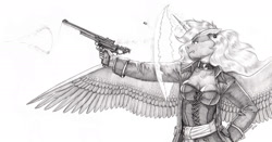 Size: 1800x943 | Tagged: safe, artist:baron engel, princess luna, alicorn, anthro, g4, bullet, glowing, glowing horn, gun, handgun, horn, magic, monochrome, pencil drawing, pistol, solo, story in the source, story included, traditional art, weapon
