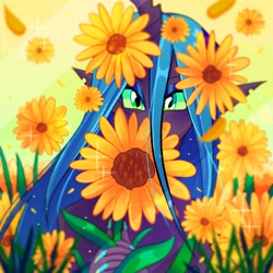 Size: 1500x1500 | Tagged: safe, artist:stevetwisp, queen chrysalis, changeling, changeling queen, anthro, g4, blushing, cute, cutealis, female, flower, sparkles, sunflower