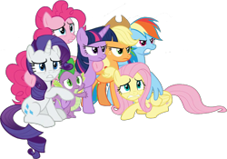 Size: 1093x763 | Tagged: safe, artist:pascalmulokozi2, edit, edited screencap, screencap, applejack, fluttershy, pinkie pie, rainbow dash, rarity, spike, twilight sparkle, alicorn, dragon, earth pony, pegasus, pony, unicorn, g4, the ending of the end, angry, background removed, female, folded wings, frown, group hug, hug, lying down, male, mane seven, mane six, mare, prone, scared, septet, simple background, sitting, teeth, transparent background, twilight sparkle (alicorn), winged spike, winghug, wings