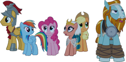 Size: 1119x555 | Tagged: safe, edit, edited screencap, editor:pascalmulokozi2, screencap, applejack, pinkie pie, rainbow dash, rockhoof, somnambula, earth pony, pegasus, pony, g4, my little pony: friendship is magic, shadow play, armor, background removed, female, male, mare, simple background, stallion, transparent background