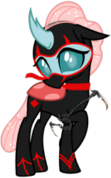 Size: 2000x3200 | Tagged: safe, artist:php170, ocellus, changedling, changeling, g4, school daze, clothes, crossed legs, crossover, cute, cuteling, diaocelles, female, happy, high res, horn, kusarigama, looking at you, ninja, randy cunningham: 9th grade ninja, scarf, shy, simple background, smiling, solo, suit, transparent background, vector, weapon