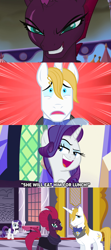 Size: 1280x2880 | Tagged: safe, edit, screencap, prince blueblood, rarity, tempest shadow, pony, unicorn, g4, accidental shipping, berryblood, caption, comic, confused, female, gala, male, mare, oh crap, party, raised eyebrow, shipper on deck, shipping, smiling, smug, stallion, straight, text, unexpected, youtube link in the description