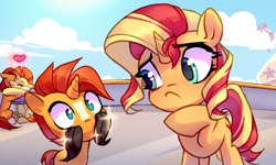 Size: 1488x891 | Tagged: safe, artist:lummh, artist:shore2020, stellar flare, sunburst, sunset shimmer, sunspot (g4), pony, unicorn, comic:the princess of love, g4, aside glance, brother and sister, colt, colt sunburst, eyes closed, facial hair, female, filly, filly sunset shimmer, foal, heart, hug, looking at you, magic, male, mare, moustache, ship:flarespot, siblings, stallion, sunny siblings, younger