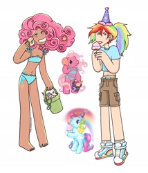 Size: 1648x1927 | Tagged: safe, artist:everafterwhat, pinkie pie (g3), rainbow dash (g3), earth pony, human, pegasus, pony, g3, alternate hairstyle, barefoot, belly button, bikini, bikini bottom, bikini top, bucket, clothes, duo, ear piercing, earring, feet, female, food, grin, hat, humanized, ice cream, ice cream cone, jewelry, mare, midriff, nail polish, party hat, piercing, sand, seashell, shirt, shoes, shorts, simple background, smiling, sneakers, socks, swimsuit, t-shirt, toenail polish, tongue out, underwear, white background