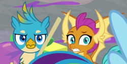 Size: 1188x600 | Tagged: safe, screencap, gallus, rainbow dash, smolder, dragon, griffon, pegasus, pony, g4, the hearth's warming club, cropped, gallus is not amused, looking at you, offscreen character, reaction image, unamused