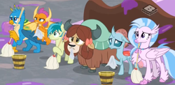 Size: 1600x779 | Tagged: safe, screencap, gallus, ocellus, sandbar, silverstream, smolder, yona, changedling, changeling, classical hippogriff, dragon, earth pony, griffon, hippogriff, pony, yak, g4, the hearth's warming club, boomerang (tv channel), bucket, cropped, mop, student six