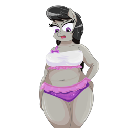 Size: 4000x4000 | Tagged: safe, artist:maldoando, octavia melody, earth pony, anthro, g4, belly, belly button, bikini, breasts, busty octavia melody, chubby, clothes, female, hand on hip, open mouth, simple background, skirt, solo, swimsuit, two-piece swimsuit, white background