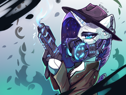 Size: 2000x1500 | Tagged: safe, artist:freak-side, rarity, pony, unicorn, abstract background, augmented, clothes, coat, cyberpunk, female, gun, hat, hoof hold, horn, looking at you, mare, mask, solo, weapon