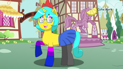 Size: 4160x2336 | Tagged: safe, artist:raymanhortse, oc, oc only, oc:lil lemon, pony, unicorn, bisexual pride flag, clothes, crossdressing, femboy, looking at you, male, newbie artist training grounds, pride, pride flag, skirt, solo, stallion, stockings, thigh highs